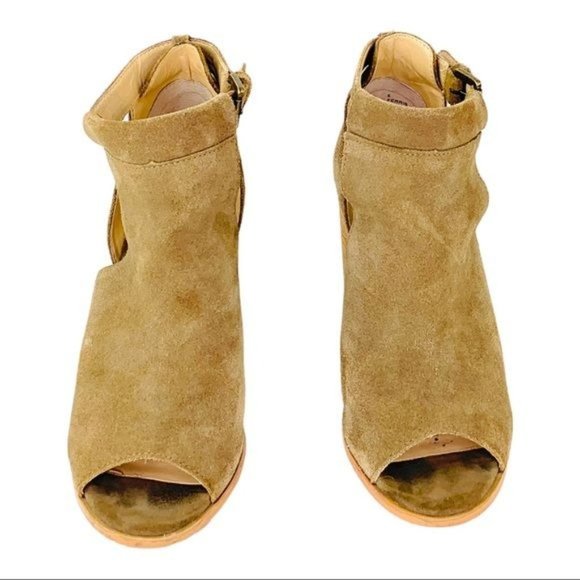 Sole Society Ferris Suede Peep Toe Block Heel Side Zip Tan Leather Womens Size 6 - Picture 2 of 9